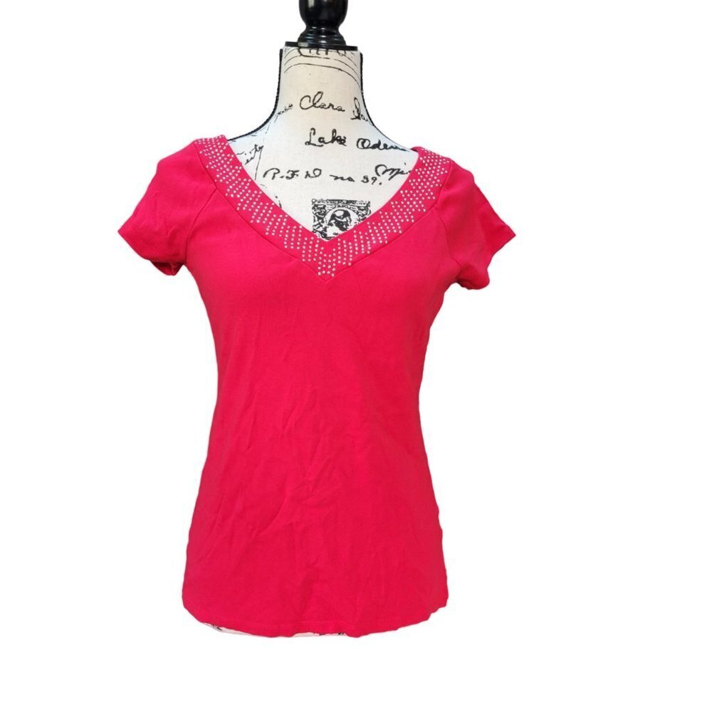 Westport 1962 Red V-Neck Top with Embellished Neckline - Size Medium